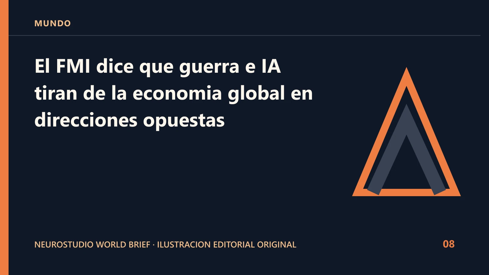 Ilustracion editorial original para: El FMI dice que guerra e IA tiran de la economia global en direcciones opuestas